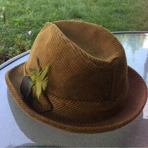 Vintage MCM Men's Fedora Trilby Brown Corduroy Feather Hat